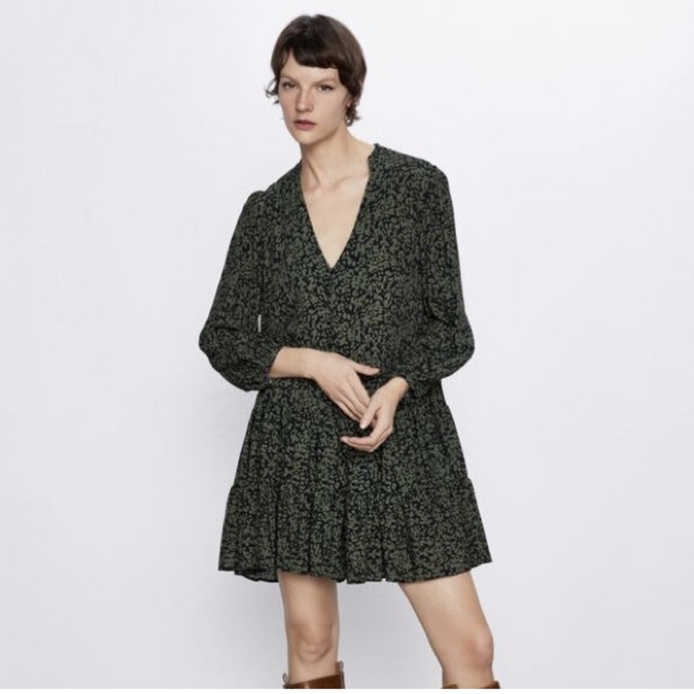 Zara Medium Green Patterned Mini Dress Or Tunic